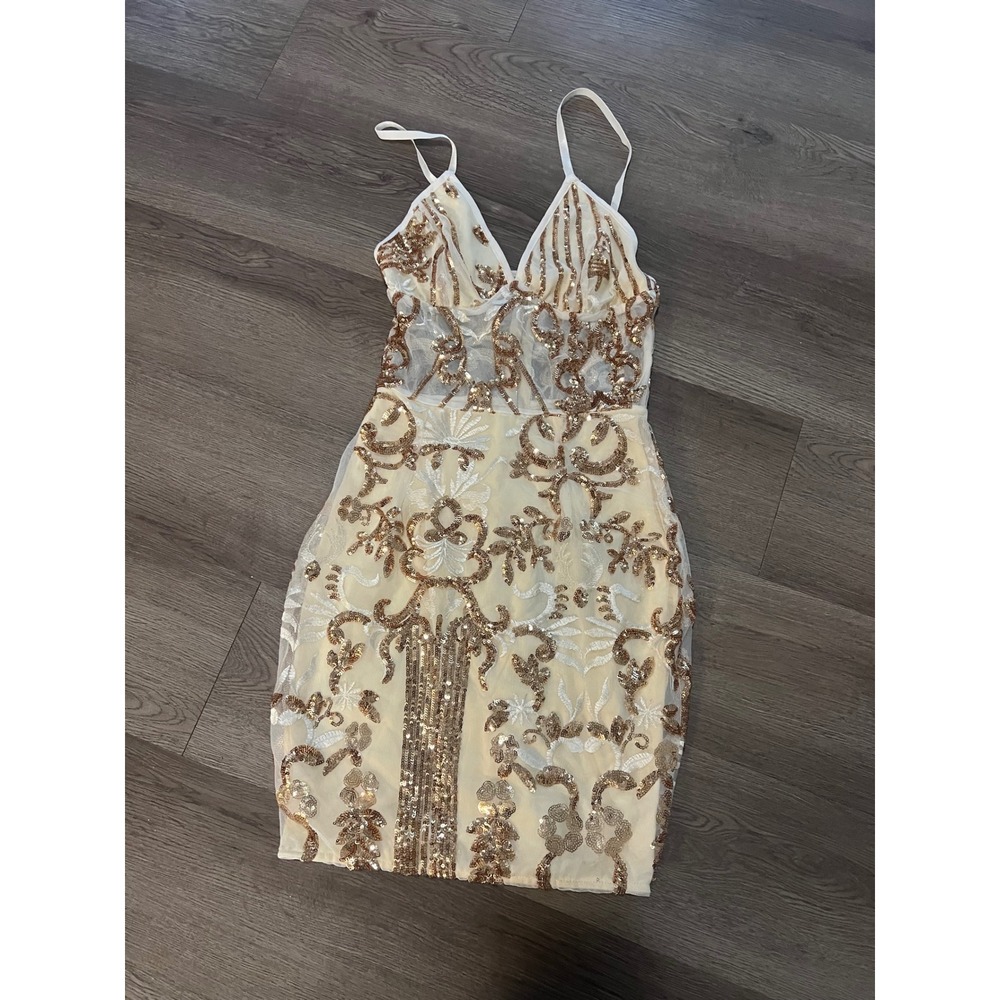 PrettyLittleThing Gold Strappy Sheer Panel Sequin Bodycon Dress CLV7417 Size 0
